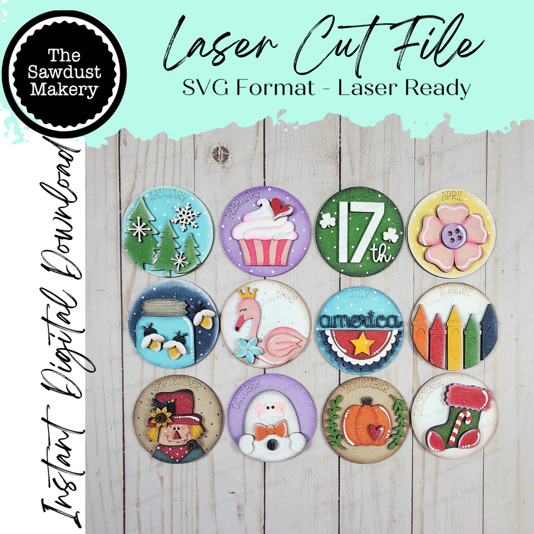 Vol.  7 ~ 12 Month Seasonal Round Bundle | Candy/Mason/Cookie Jar lid Interchangeable Frame SVG | Laser Cut File | Interchangeable Frame