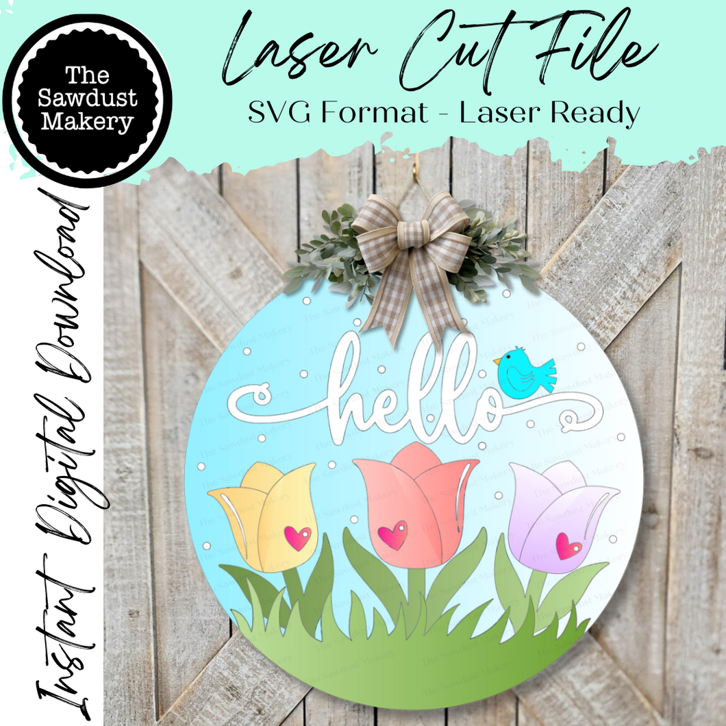 Hello Tulip Door hanger SVG Laser File | Spring Laser Cut Files | Laser cut SVG | Glowforge |  Spring Door Hanger svg | Spring svg