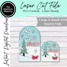 Load image into Gallery viewer, Interchangeable Large Arched Boho Sign Insert | Hello Winter |  SVG Laser Cut File  | Boho Signs | Seasonal Interchangeable SVG
