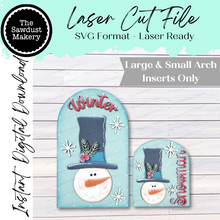 Load image into Gallery viewer, Interchangeable Large &amp; Small Arched Boho Sign Insert | Prim Snowman Winter |  SVG Laser Cut File  | Boho Signs | Seasonal Interchangeable SVG
