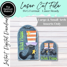 Load image into Gallery viewer, Interchangeable Large &amp; Small Arched Boho Sign Insert | Witch Please Boot Sign |  SVG Laser Cut File  | Boho Signs | Seasonal Interchangeable SVG
