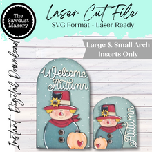 Load image into Gallery viewer, Interchangeable Large &amp; Small Arched Boho Sign Insert | Welcome Autumn Scarecrow Sign | Laser Cut File  | Boho Signs | Seasonal Interchangeable SVG
