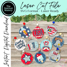 Load image into Gallery viewer, Patriotic USA Ornament SVG Laser File | 4th of July Laser Cut Files | Laser Ornament svg | Glowforge | USA  Ornaments | 4th of July Laser
