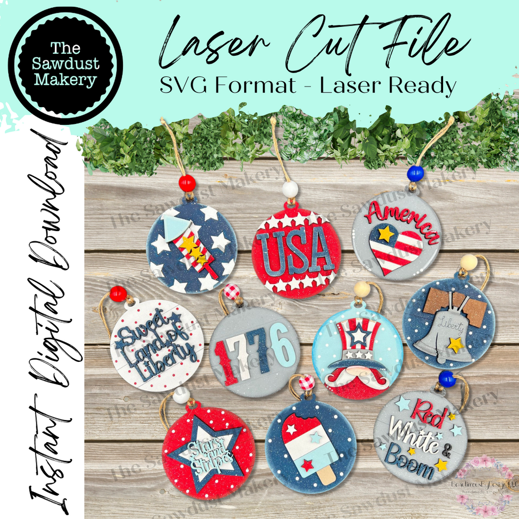 Patriotic USA Ornament SVG Laser File | 4th of July Laser Cut Files | Laser Ornament svg | Glowforge | USA  Ornaments | 4th of July Laser