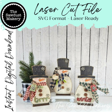 Load image into Gallery viewer, Winter Snowmen Trio SVG | Snowman laser cut file  Let it Snow | Glowforge | Snowman | Frosty | Brrr | Snowflakes |Winter SVG
