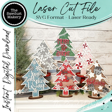 Load image into Gallery viewer, Standing Holiday Tree SVG Laser File | Christmas Tree SVG | Mantle SVG Decor | Christmas Tree Decor | Snowflake Trees | Glowforge Files
