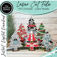 Load image into Gallery viewer, Standing Christmas Tree SVG Laser File | Christmas Tree SVG | Mantle SVG Decor | Christmas Tree Decor | Snowflake Trees | Glowforge Files
