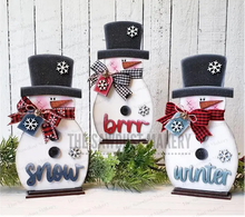Load image into Gallery viewer, Winter Snowmen Trio SVG | Snowman laser cut file  Let it Snow | Glowforge | Snowman | Frosty | Brrr | Snowflakes |Winter SVG
