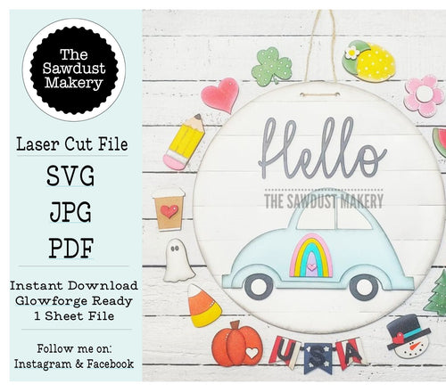 Hello Door Hanger | Interchangeable Season Door Hanger | VW Bug | Laser Cut file | Interchangeable Door Hanger