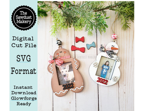 Christmas Photo Frame Ornaments SVG File | Laser Cut File | Ornament SVG | Snowman Ornament SVG | Gingerbread Ornament svg | Glowforge