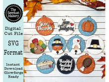 Load image into Gallery viewer, Thanksgiving Ornament Bundle SVG File | Laser Cut File | Fall Ornament Kit | Ornament SVG | Pumpkin svg | Pilgrim SVG | Turkey | Glowforge
