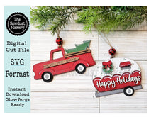 Load image into Gallery viewer, Christmas Truck and Camper Ornament SVG File | Laser Cut File | Camper SVG File | Christmas Truck svg | Farmhouse SVG
