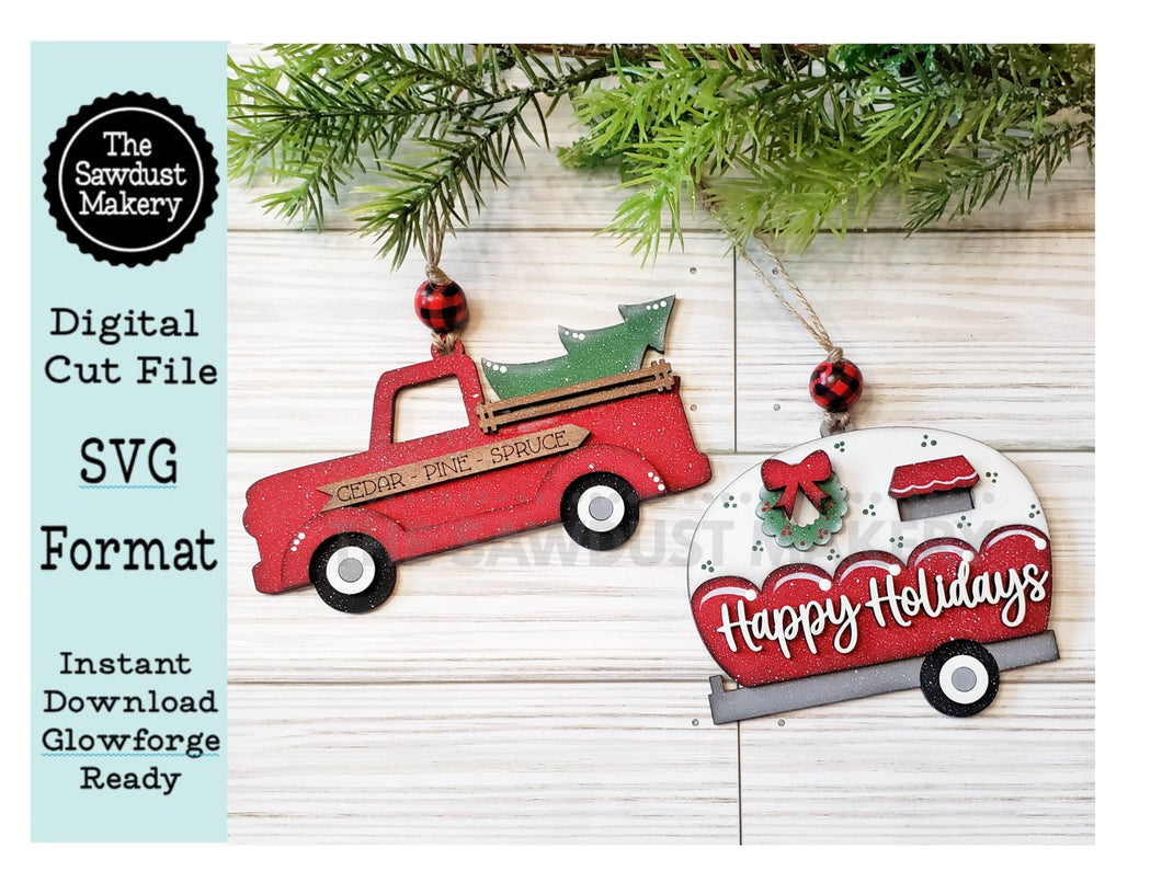 Christmas Truck and Camper Ornament SVG File | Laser Cut File | Camper SVG File | Christmas Truck svg | Farmhouse SVG