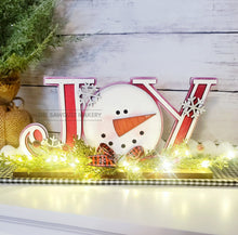 Load image into Gallery viewer, Joy Standing Snowman Shelf Sitter SVG | Snowman laser cut file Let it Snow | Glowforge | Snowman | Snowbird | Cardinal | Winter SVG
