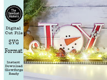 Load image into Gallery viewer, Joy Standing Snowman Shelf Sitter SVG | Snowman laser cut file Let it Snow | Glowforge | Snowman | Snowbird | Cardinal | Winter SVG
