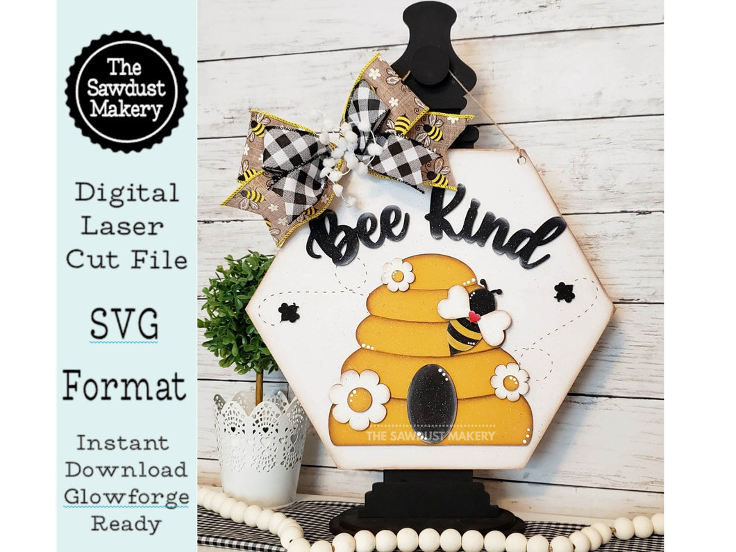 Bee Kind Door Hanger SVG File | Bee Hive SVG | Laser Cut File | Glowforge | Bee SVG File | Honey | Bees | Honey Bee | Bee Kind