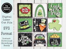 Load image into Gallery viewer, St Patrick&#39;s Laser Cut Files | St Patrick&#39;s Interchangeable Leaning Sign Bundle File | SVG | Glowforge | St Patrick&#39;s Day Tiered Tray SVG
