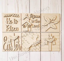 Load image into Gallery viewer, Religious Easter Laser Cut Files | Easter Interchangeable Leaning Sign Bundle File | SVG | Glowforge | He is Risen Tiered Tray SVG
