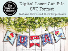 Load image into Gallery viewer, USA Patriotic Banner SVG | Laser Cut File | Glowforge | Red, White &amp; Blue SVG | Banner svg | Banner America | 4th of July Svg | Stars
