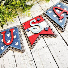 Load image into Gallery viewer, USA Patriotic Banner SVG | Laser Cut File | Glowforge | Red, White &amp; Blue SVG | Banner svg | Banner America | 4th of July Svg | Stars
