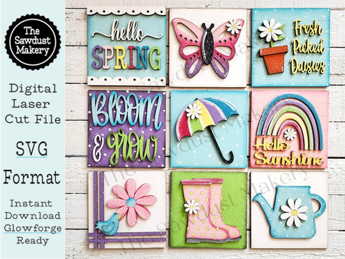 Spring Laser Cut Files | Spring Interchangeable Leaning Sign Bundle File SVG | Glowforge | Spring Tiered Tray SVG | Farmhouse Frame