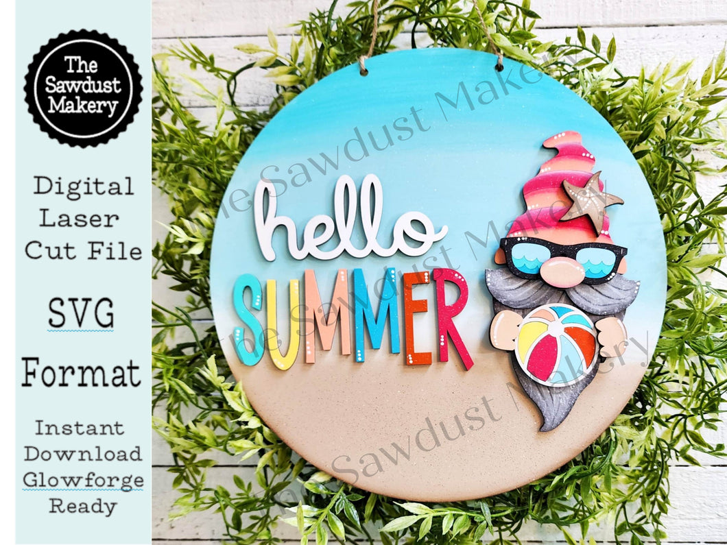 Hello Summer Gnome Door Hanger SVG File | Laser Cut File | Summer Gnome SVG File | Door Hanger svg | Summer svg | Summer Beach svg