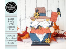 Load image into Gallery viewer, Fall Scarecrow Gnome SVG File | Laser Cut File | Standing Scarecrow Gnome SVG File | Gnome Shelf Sitter | Fall | Sunflowers | Hello Fall
