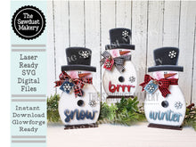 Load image into Gallery viewer, Winter Snowmen Trio SVG | Snowman laser cut file Let it Snow | Glowforge | Snowman | Frosty | Brrr | Snowflakes |Winter SVG
