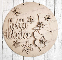 Load image into Gallery viewer, Hello Winter Gnome 10.5&quot; Door Hanger SVG File | Laser Cut File | Snowman SVG File | Door Hanger svg | WinterSVG | Snowflake | Snowman Sign
