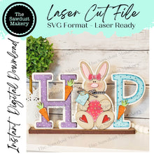 Load image into Gallery viewer, HOP Standing Bunny Shelf Sitter SVG | Laser Cut File | Glowforge | Easter SVG | Bunny laser cut file | Bunny svg | Easter Mantle Decor
