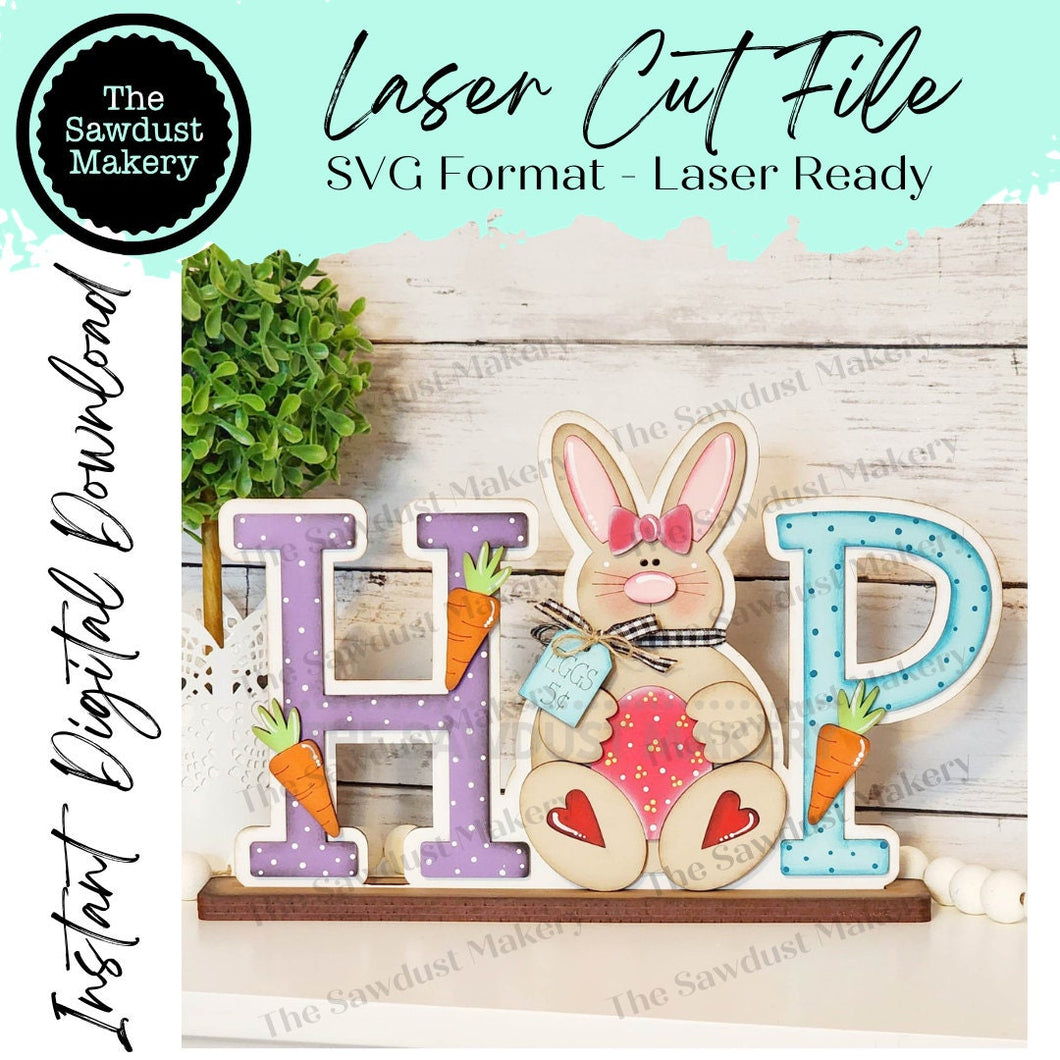 HOP Standing Bunny Shelf Sitter SVG | Laser Cut File | Glowforge | Easter SVG | Bunny laser cut file | Bunny svg | Easter Mantle Decor