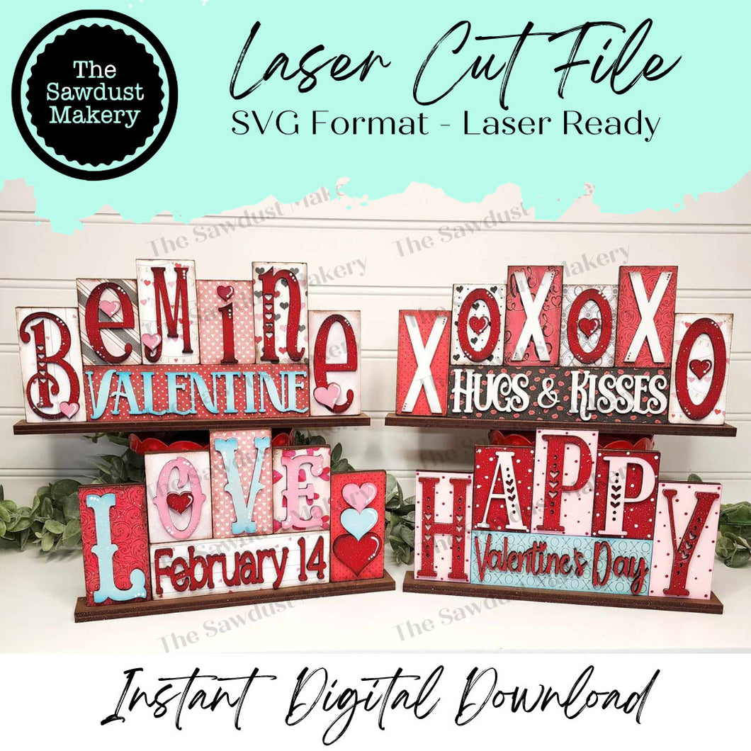 Add-on Mini Valentine Word Block 5 & 6 Letter Sets | Mini Word Block SVG laser Cut File | Glowforge | Standing SVG File