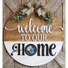 Load image into Gallery viewer, Welcome to Our/My Home Door Hanger Sign SVG | Laser Cut File | Glowforge | 3&quot; Round Insert Frame | Seasonal Interchangeable
