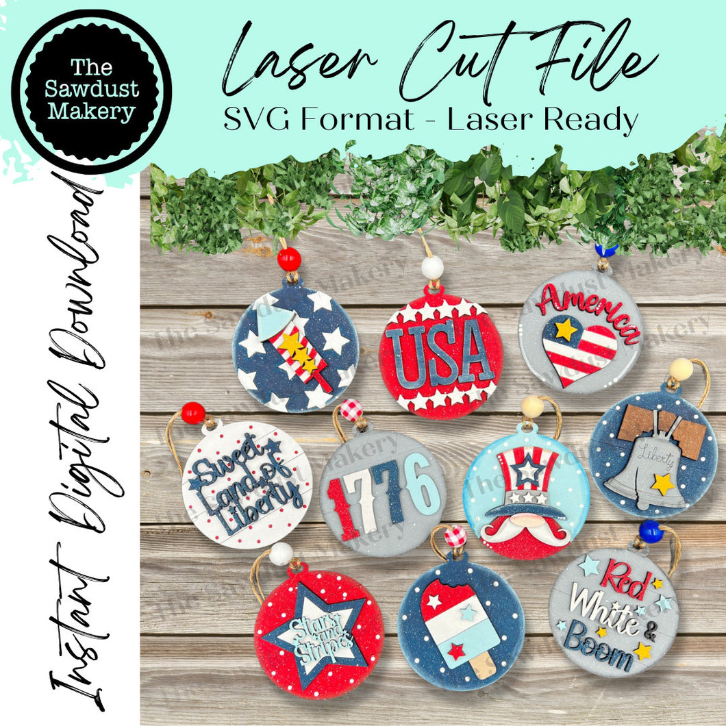 Patriotic USA Ornament SVG Laser File | 4th of July Laser Cut Files | Laser Ornament svg | Glowforge | USA Ornaments | 4th of July Laser