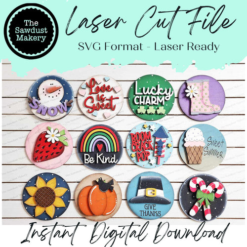 Vol. 4 ~ 12 Month Seasonal Round Bundle | Candy/Mason/Cookie Jar lid Interchangeable Frame SVG | Laser Cut File | Interchangeable Frame