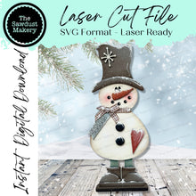 Load image into Gallery viewer, Prim Winter Snowman SVG File | Laser Cut File | Winter SVG File | Snowman Laser SVG | Snowman Shelf Sitter | Brrr svg
