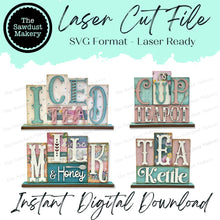 Load image into Gallery viewer, Add-on Mini Tea Word Block 3 &amp; 4 Letter Sets | Mini Word Block SVG laser Cut File | Glowforge | Standing SVG File
