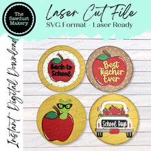 Load image into Gallery viewer, 6&quot; Round Back to School Sign Set SVG File | Laser Cut File | Interchangeable Frame | Apples | School | Best Teacher Ever | School SVG
