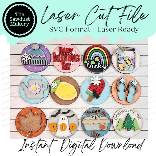 Vol. 5 ~ 12 Month Seasonal Round Bundle | Candy/Mason/Cookie Jar lid Interchangeable Frame SVG | Laser Cut File | Interchangeable Frame