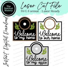 Load image into Gallery viewer, Interchangeable Welcome Home or Office Sign Frame SVG | Laser Cut File | Glowforge | 3&quot; Round Insert Frame | Seasonal Interchangeable SVG
