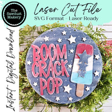 Load image into Gallery viewer, Patriotic 4th of July Door Hanger SVG File | Laser Cut File | Boom Crack Pop SVG File | Door Hanger svg | Summer svg | USA
