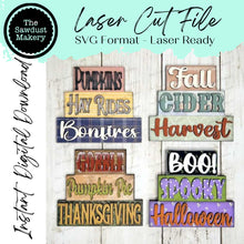 Load image into Gallery viewer, Fall Word Stackers | Fall Mini Block SVG | SVG File | Laser Cut File | Glowforge | Fall Havest Tiered Tray SVG Add-on laser cut svg file
