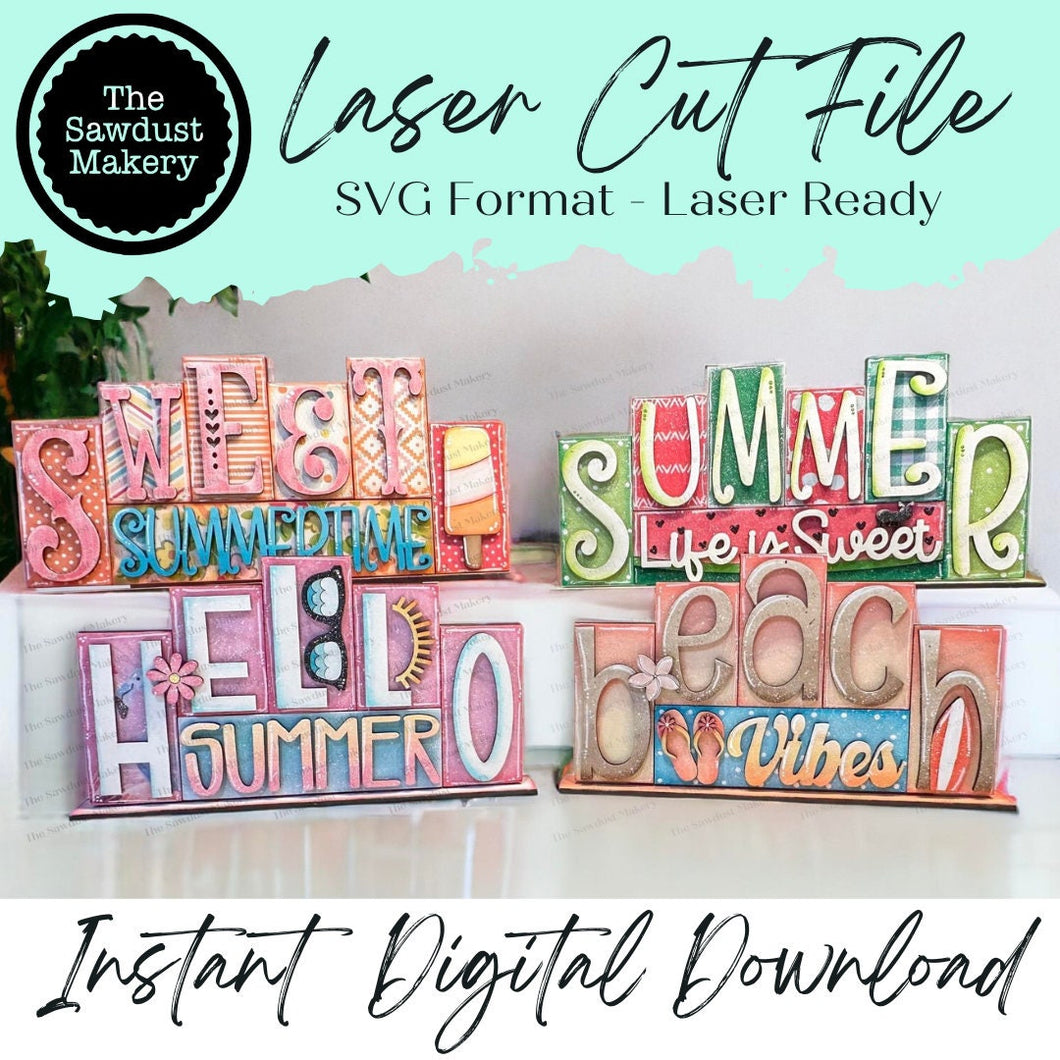 Add-on Mini Summer Beach Word Block 5 & 6 Letter Sets | Mini Word Block SVG laser Cut File | Glowforge | Standing SVG File