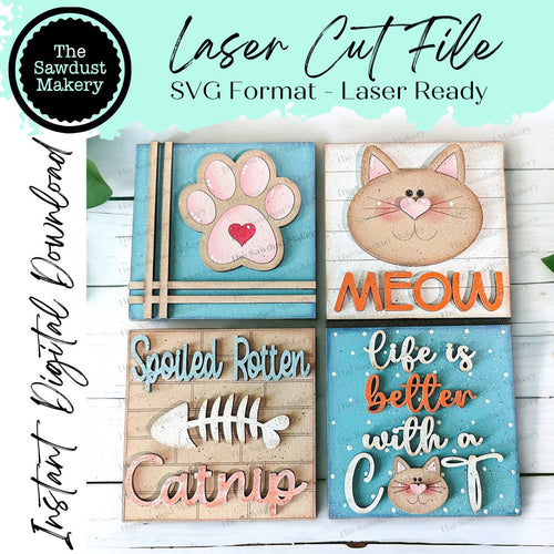 Cat Laser Cut Files | Cat Interchangeable Leaning Sign Bundle File SVG | Meow Cat Tiered Tray SVG | Farmhouse Frame