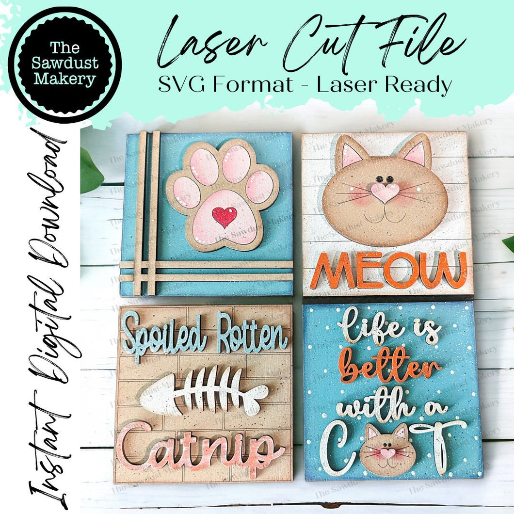 Cat Laser Cut Files | Cat Interchangeable Leaning Sign Bundle File SVG | Meow Cat Tiered Tray SVG | Farmhouse Frame