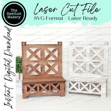 Load image into Gallery viewer, Farmhouse Chair Display Stand SVG | Display Bench SVG | Laser Cut File | Tiered Tray Holder SVG | Home Decor Mantle svg file
