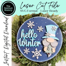 Load image into Gallery viewer, Hello Winter Gnome 10.5&quot; Door Hanger SVG File | Laser Cut File | Snowman SVG File | Door Hanger svg | WinterSVG | Snowflake | Snowman Sign
