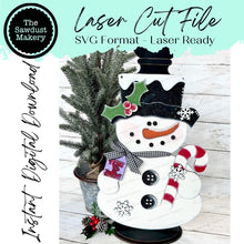 Load image into Gallery viewer, Snowman Candy Cane Door Hanger SVG | Snowman laser cut file | Merry &amp; Bright SVG | Glowforge | Snowman svg | Winter SVG
