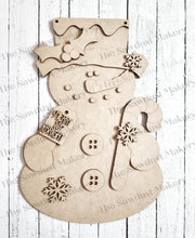 Load image into Gallery viewer, Snowman Candy Cane Door Hanger SVG | Snowman laser cut file | Merry &amp; Bright SVG | Glowforge | Snowman svg | Winter SVG
