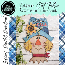 Load image into Gallery viewer, Hello Fall Scarecrow Door Hanger | Thanksgiving | Door Hanger | SVG File | Laser Cut File | Glowforge | Fall SVG Decor | Scarecrow SVG
